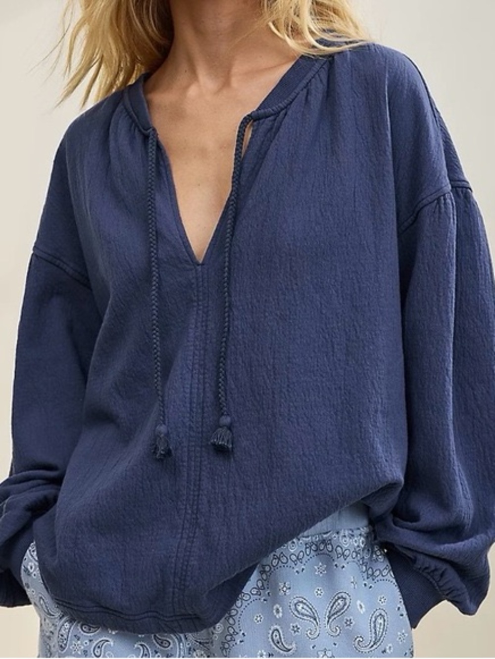 aerie Navy Braided-Tie V-Neck Long-Sleeve Tunic
